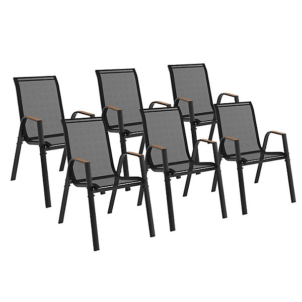 Lot de 6 chaises de jardin NOUMEA métal et textilène empilables noir et bois