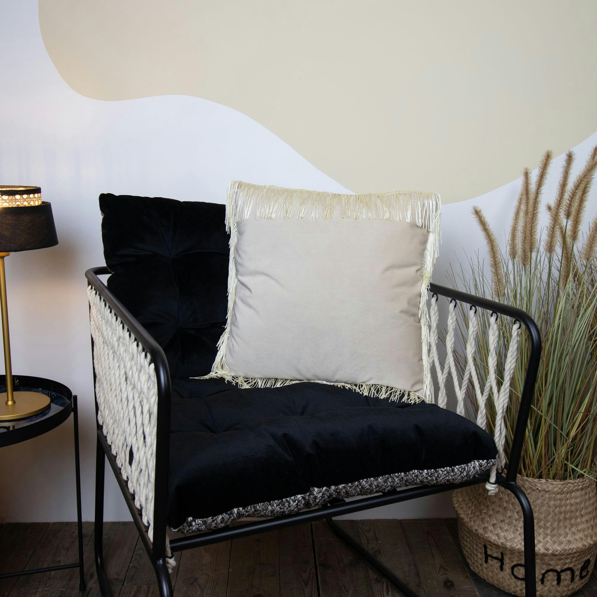 JERRY - Coussin en velours à franges écru 40cm