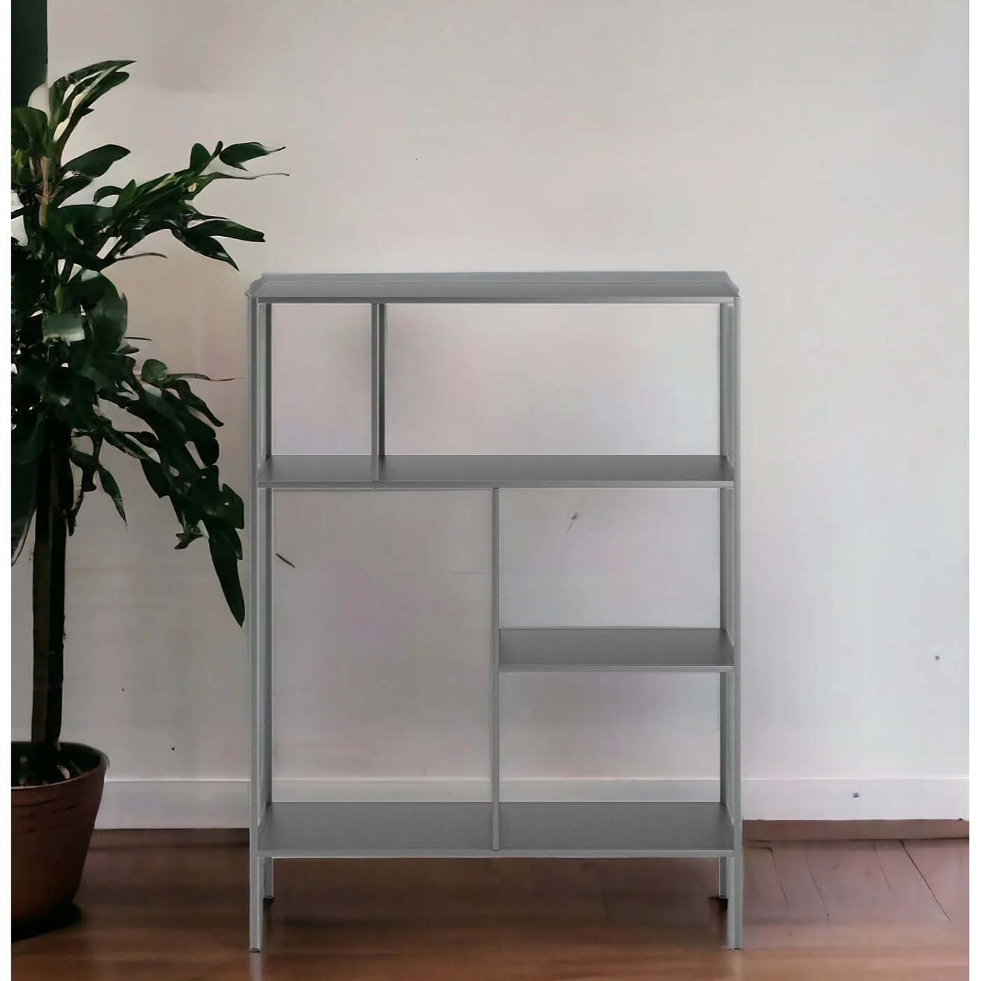 Modern 48 Grey Metal Double Bookcase 4-Tier Vertical Storage Shelf for Home Office and Living Room - 48”H x 36”W x 15”D