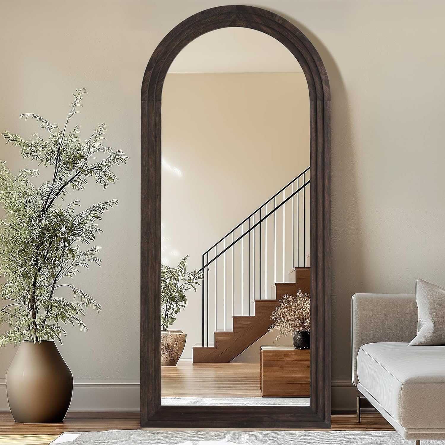 Rustic Standing Full Length Mirror Wood Frame, 71X32 Large Arched Floor Mirror with Stand, Farmhouse Wood Mirror Full Length for Bedroom Living Room Entryway, Leaning or Wall Mounted, Brown