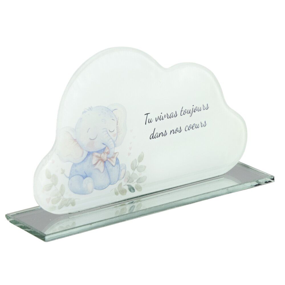 Plaque funéraire inscription enfant éléphant forme nuage verre bleu 16x3,5H9,5cm