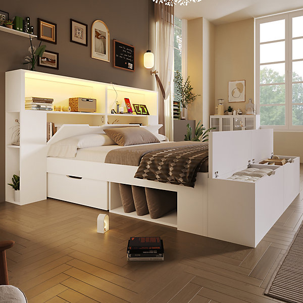 Lit Double Adulte 140x200 cm, avec Rangement Intégré, Tiroirs, Banc et éclairage LED, Ports USB et Type-C, Sans Matelas - Blanc