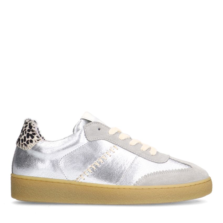 Manfield Zilveren leren sneakers met leopard details