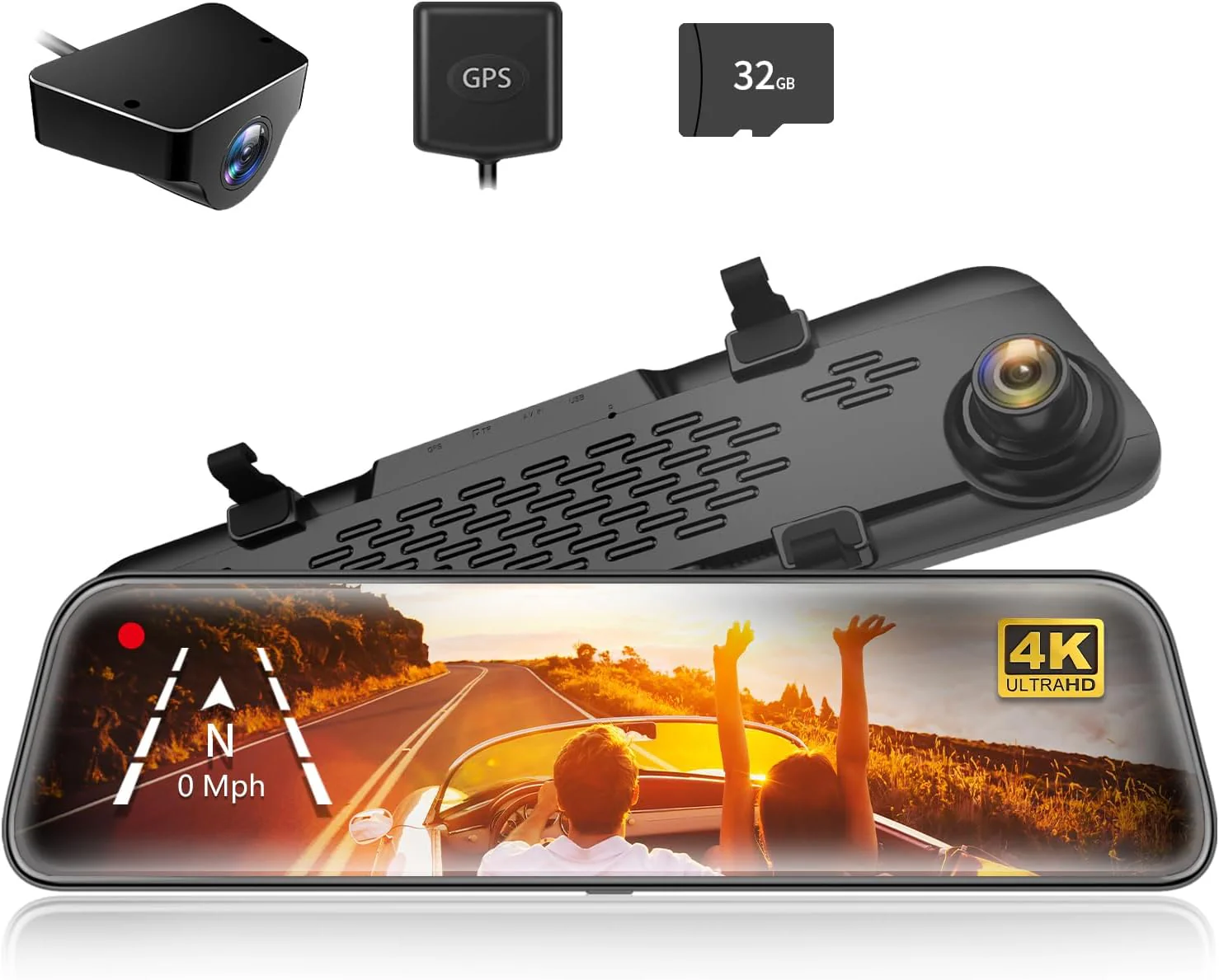 12 4K Mirror Dash Cam Backup Camera, 2160P Full HD Smart Rearview Mirror for Cars  Trucks, Front and Rear View Dual Cameras, Night Vision, Parking Assistance, Free 32GB Card  GPS