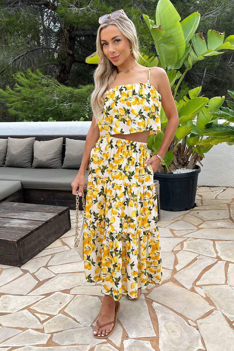 AX Paris Cream Lemon Print Strappy Floaty Crop Top