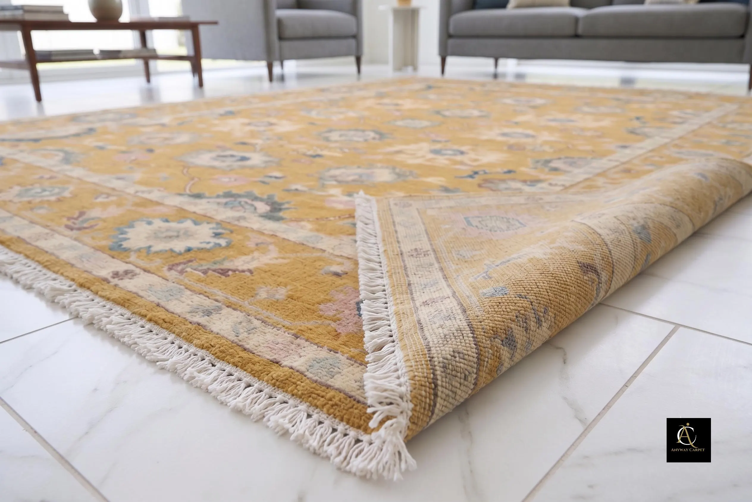 Hand Knotted Wool Rug, Mustard Yellow Floral Area Rug, Vintage Persian Style Rug, Traditional Oriental Rug, Boho Living Room Carpet