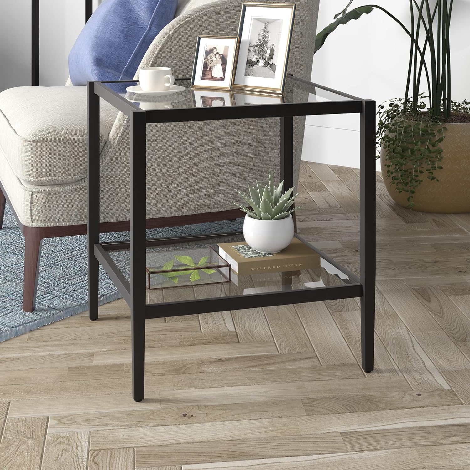 Henn&Hart 20 Wide Square Side Table with Glass Shelf in Blackened Bronze, Table for Living Room, Bedroom