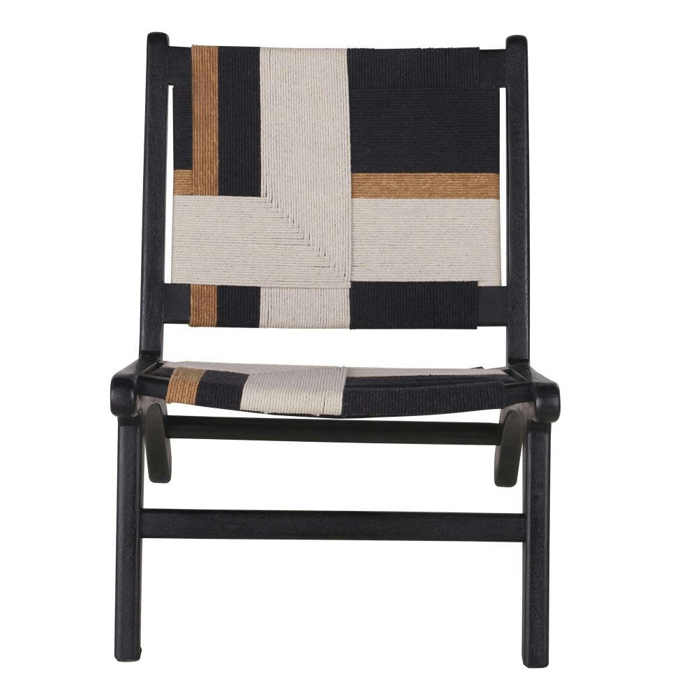 Swahi - Fauteuil bas en bois de manguier et coton beige, noir et marron