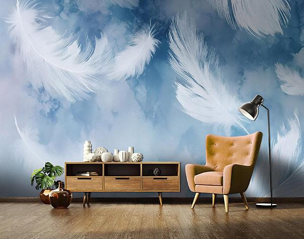 Papier Peint Panoramique Intissé Plumes Abstrait Bleu - 400x280 cm - Papier Peint Chambre et salon