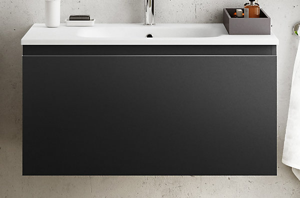 Meuble vasque suspendu noir mat l.90 cm   plan vasque blanc brillant céramique, Pura