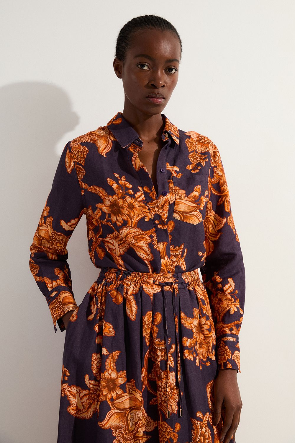 KarenMillen Floral Viscose Linen Woven Long Sleeve Shirt