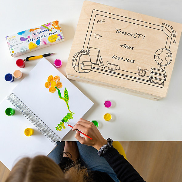 Creative Deco Boîte en Bois Personnalisée Premier Jour d'école - Votre Texte - 40 x 30 x 14 cm - Cadeau Souvenir Rentrée
