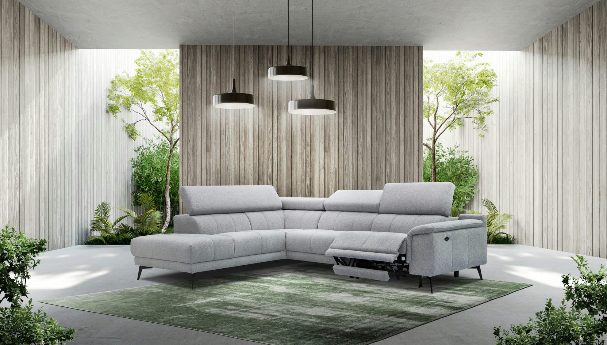 FIERO - Canapé d'angle gauche 5 places relax électrique tissu gris clair