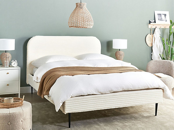 Lit avec sommier Velours côtelé FLAYAT 140 x 200 cm Blanc cassé