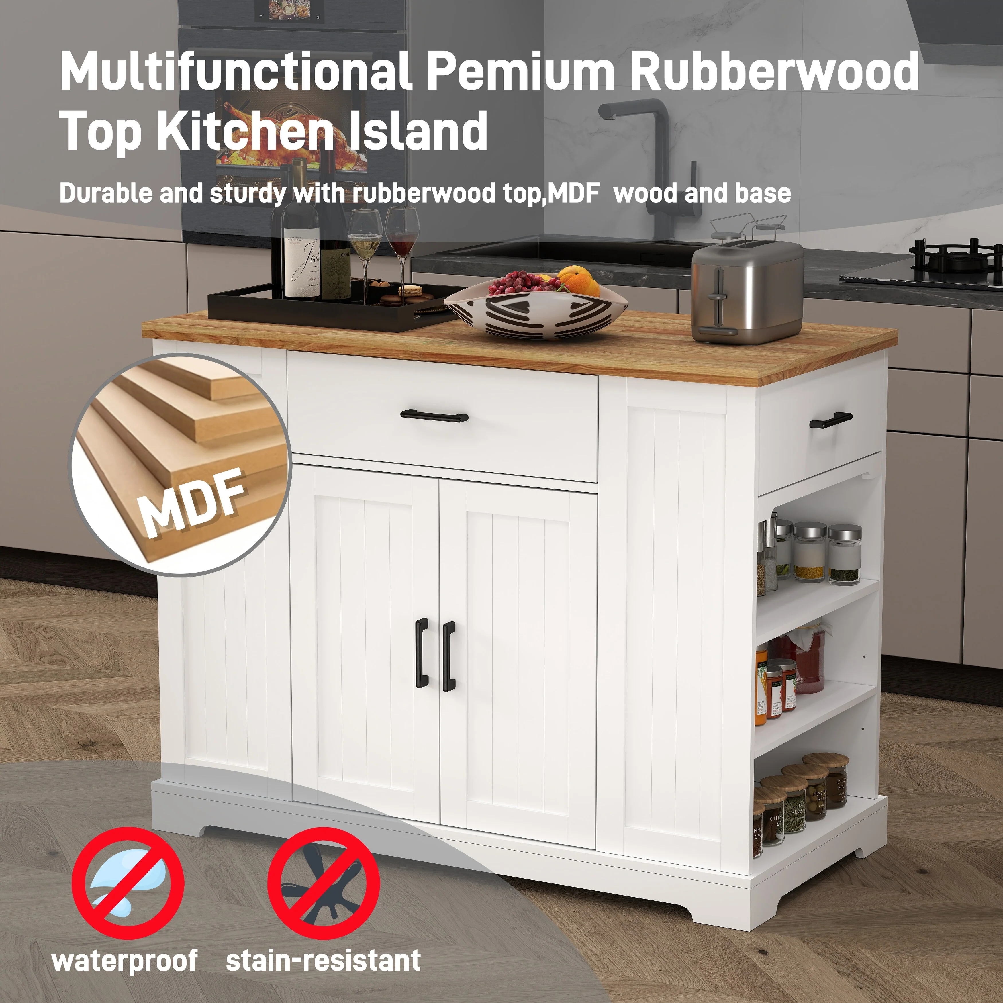 46.2'' Multi-Storage Kitchen Island With Rubber Wood Tabletop(no include stool)