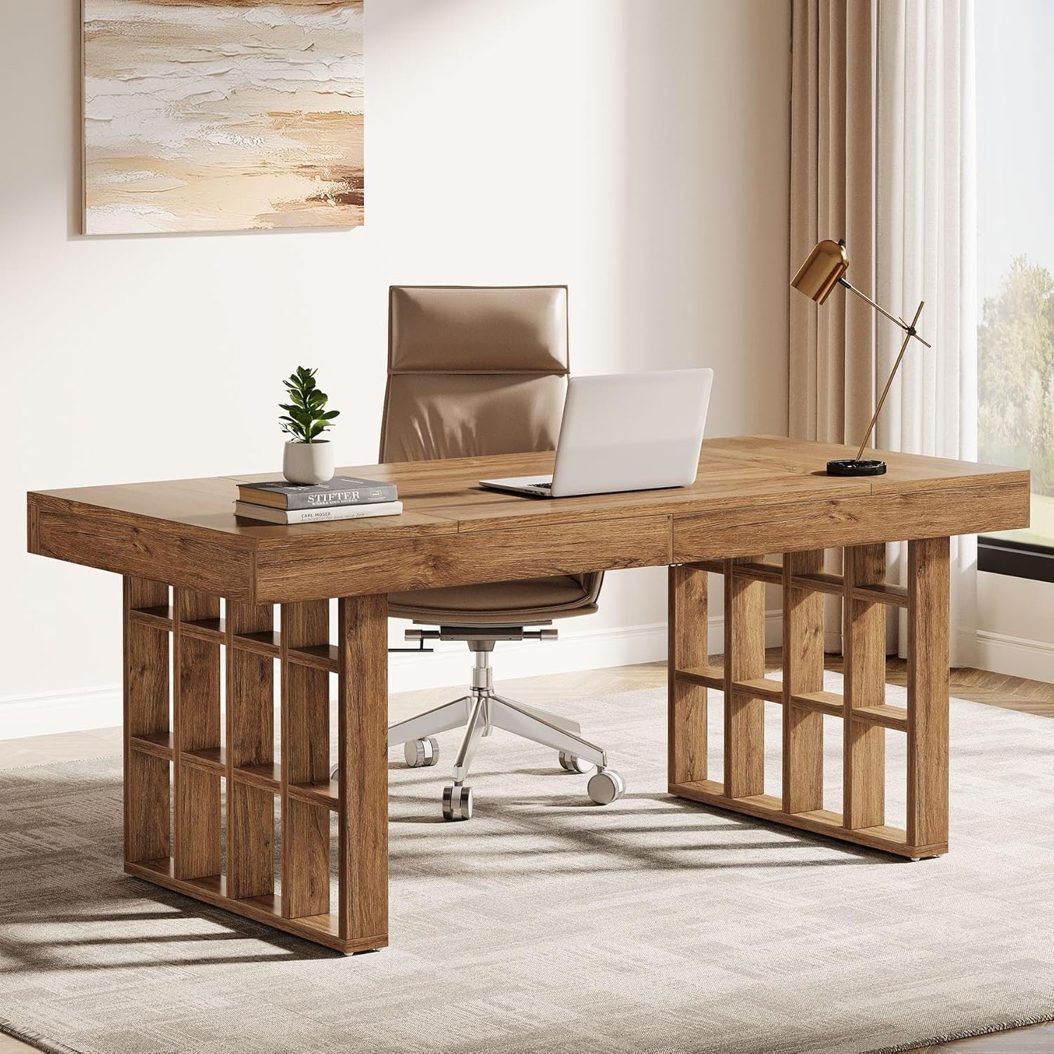 62.9 Computer Desk, Large Office Executive Desk with Double Pedestal for Home Office