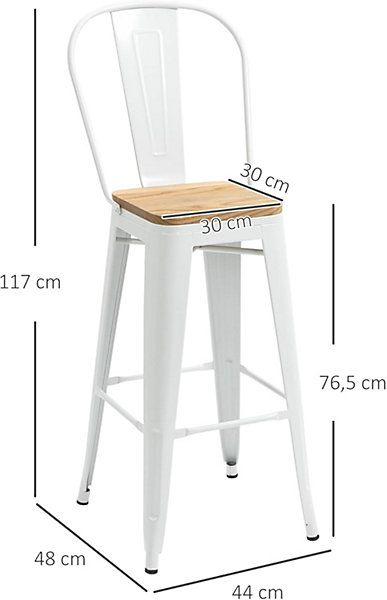 Lot de 4 Tabourets de Bar Chaise Haute Cuisine Industriel avec Dossier Repose-Pied Hauteur Assise 76 cm Métal Blanc
