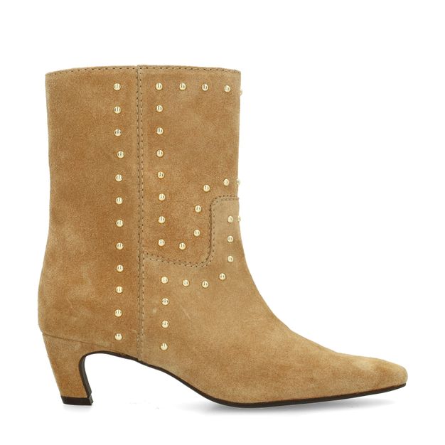 Beige suède enkellaarsjes met goudkleurige studs