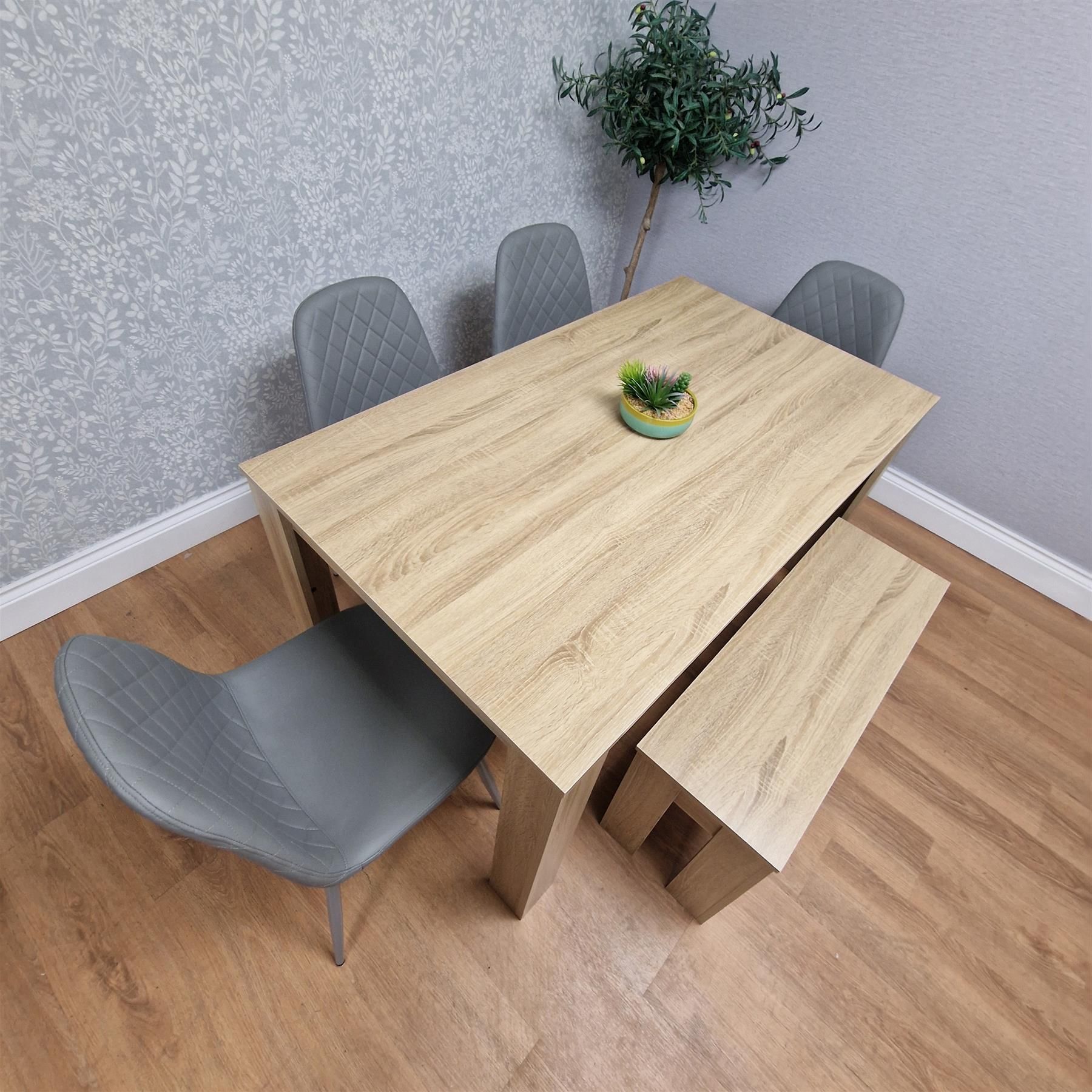 KOSY KOALA Oak Effect Dining Table Set With 4 Grey Gem Pattern Chairs And Bench Dining Room Furniture