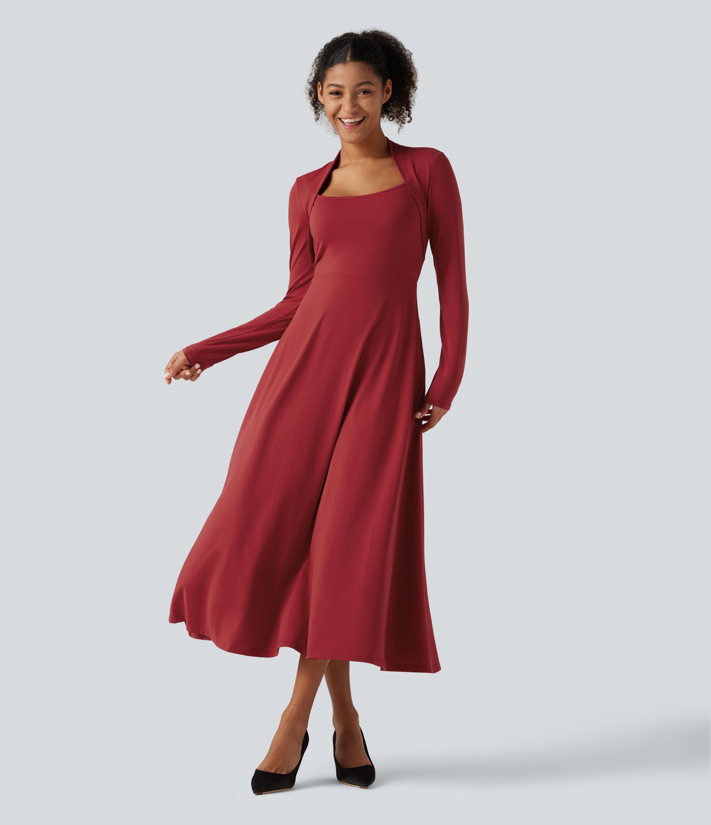 Robe midi de soirée trapèze à manches longues et col Reine Anne avec poches