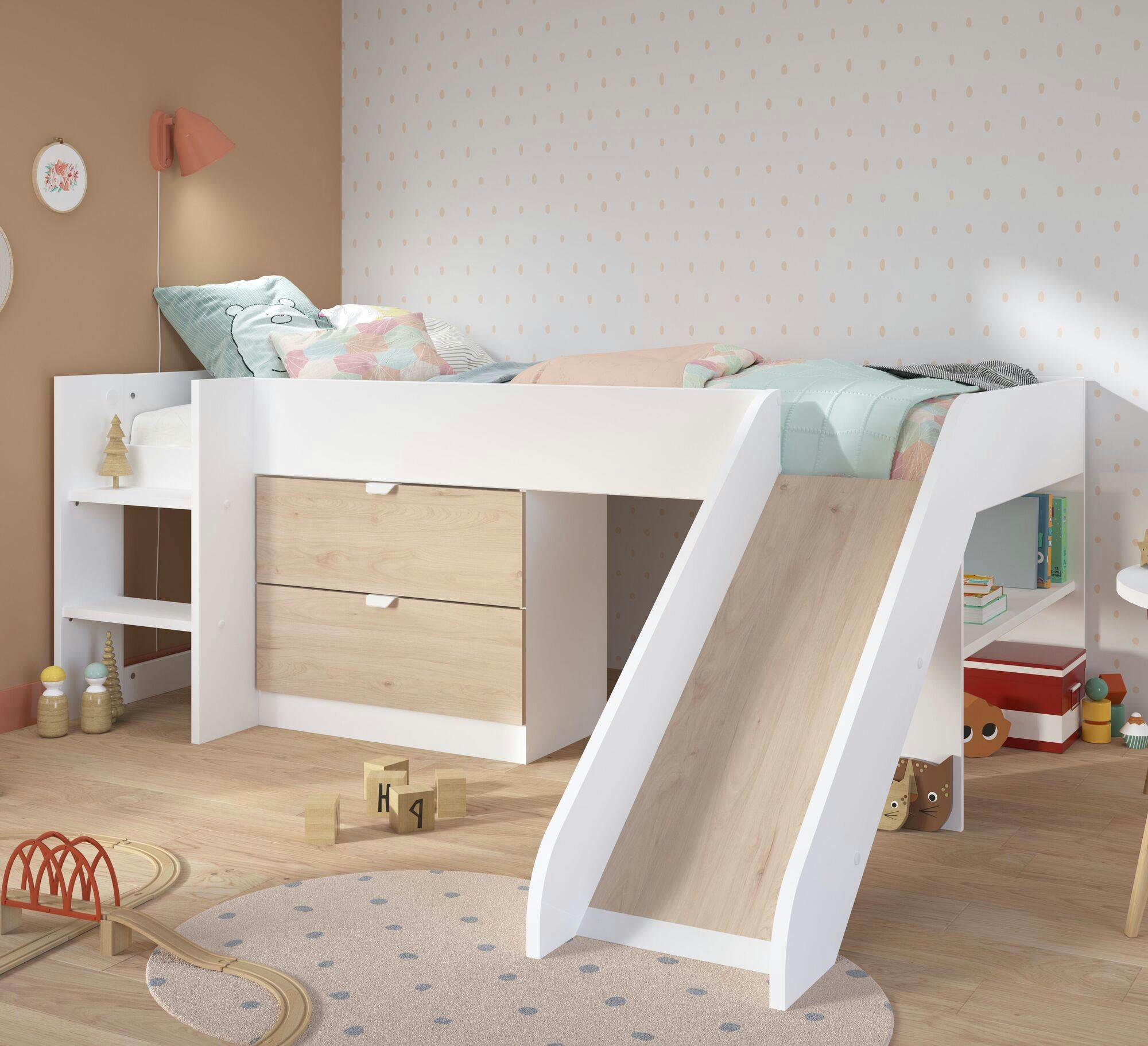 PEDRO - Lit toboggan effet bois et blanc 90 x 200 cm