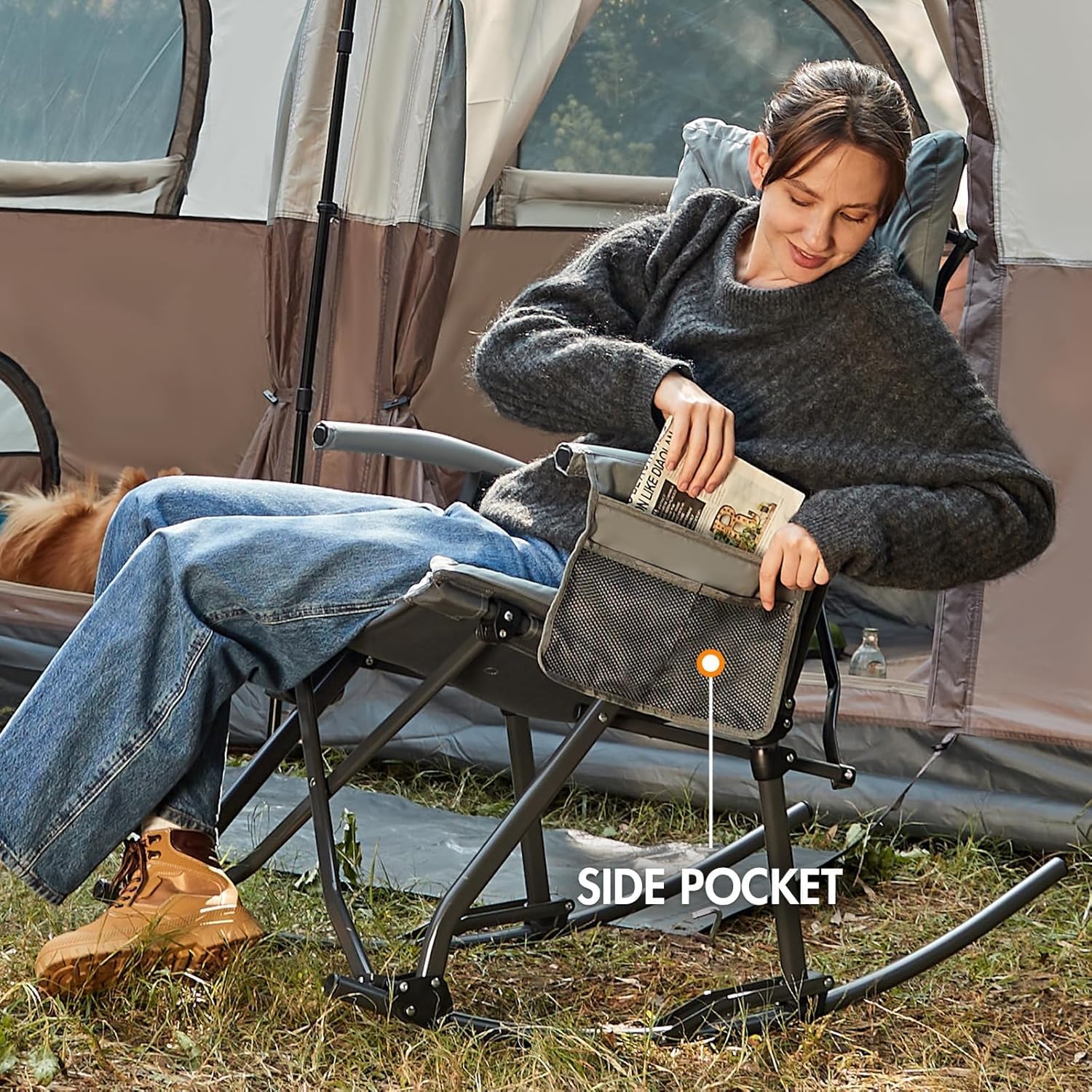 Portal Folding Rocking Camping Chair Outdoor - Thick Padded Rocking Recliner Chair Portable Camping Rocker for Patio Front Porch Backyard Lawn Living Room, Supports 400 LBS
