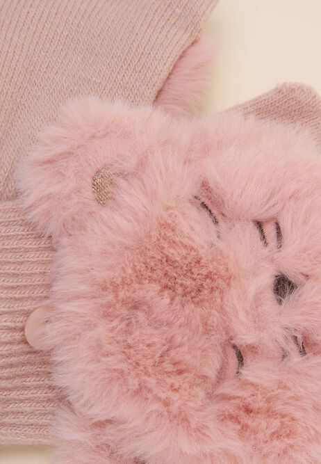 Younger Girls Pink Fluffy Cat Fliptop Gloves