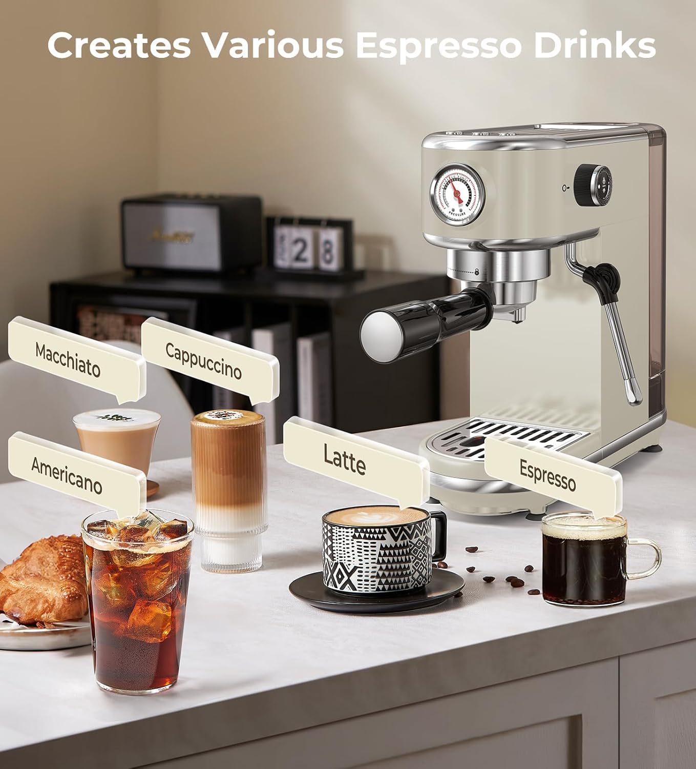 20 Bar Espresso Machine with Milk Frother, Compact Espresso Maker, Stainless Steel Coffee Machine with Precise Temp Control & 44oz Removable Water Tank for Latte, Cappuccino, Light Grey