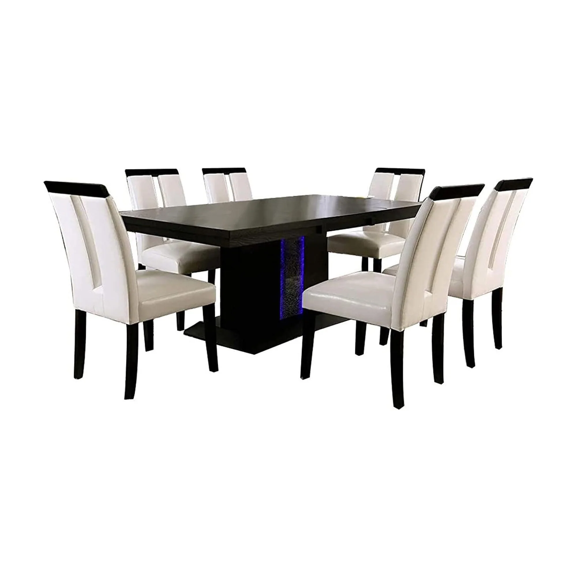 Pyn 7pc Dining Table and Chair Set, Black Wood, Beige Faux Leather