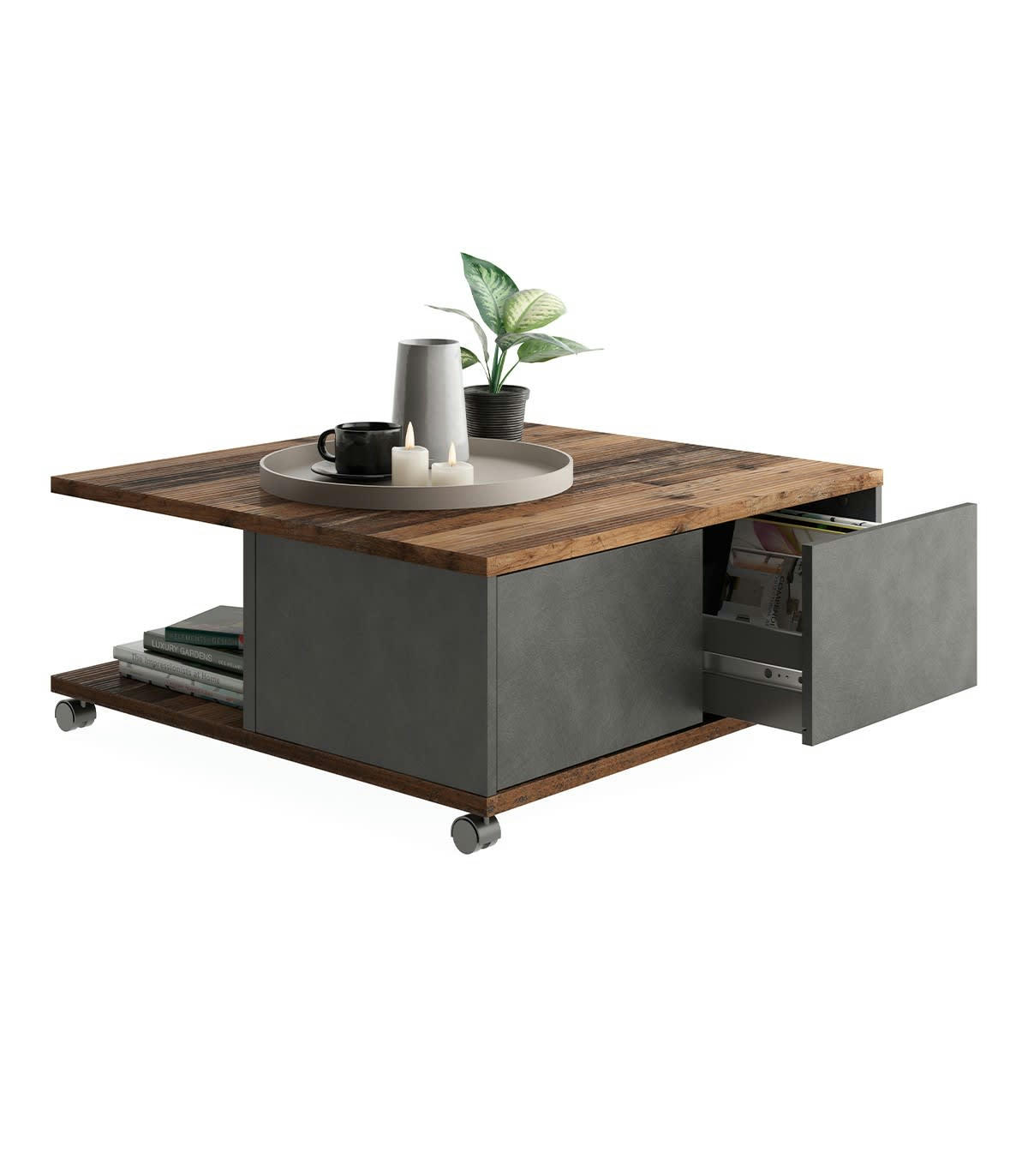 TWIN - Table Basse Carrée Roulettes 2 Tiroirs L70cm