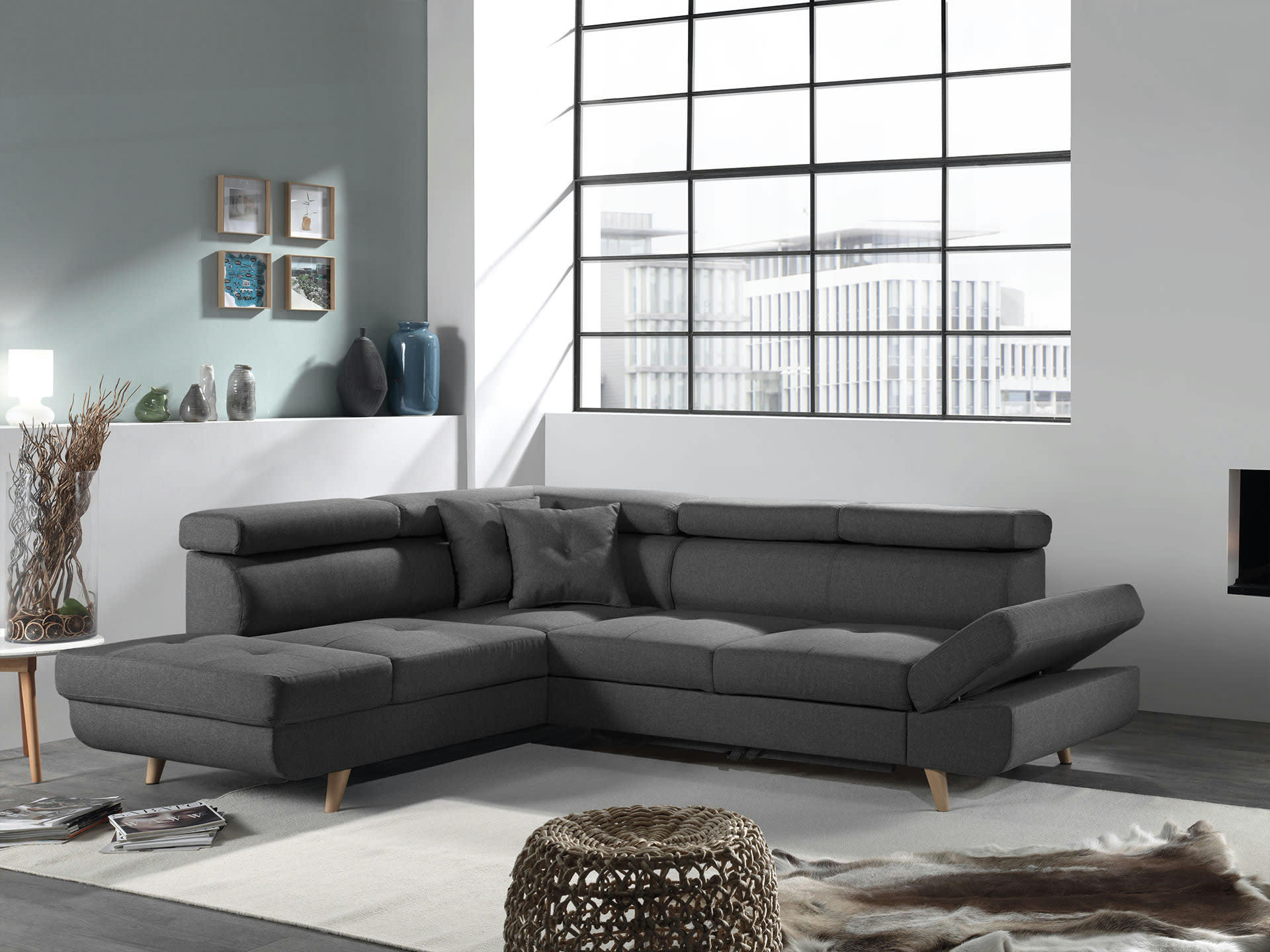 LINEA - Canapé d'angle gauche convertible 5 places en tissu gris foncé