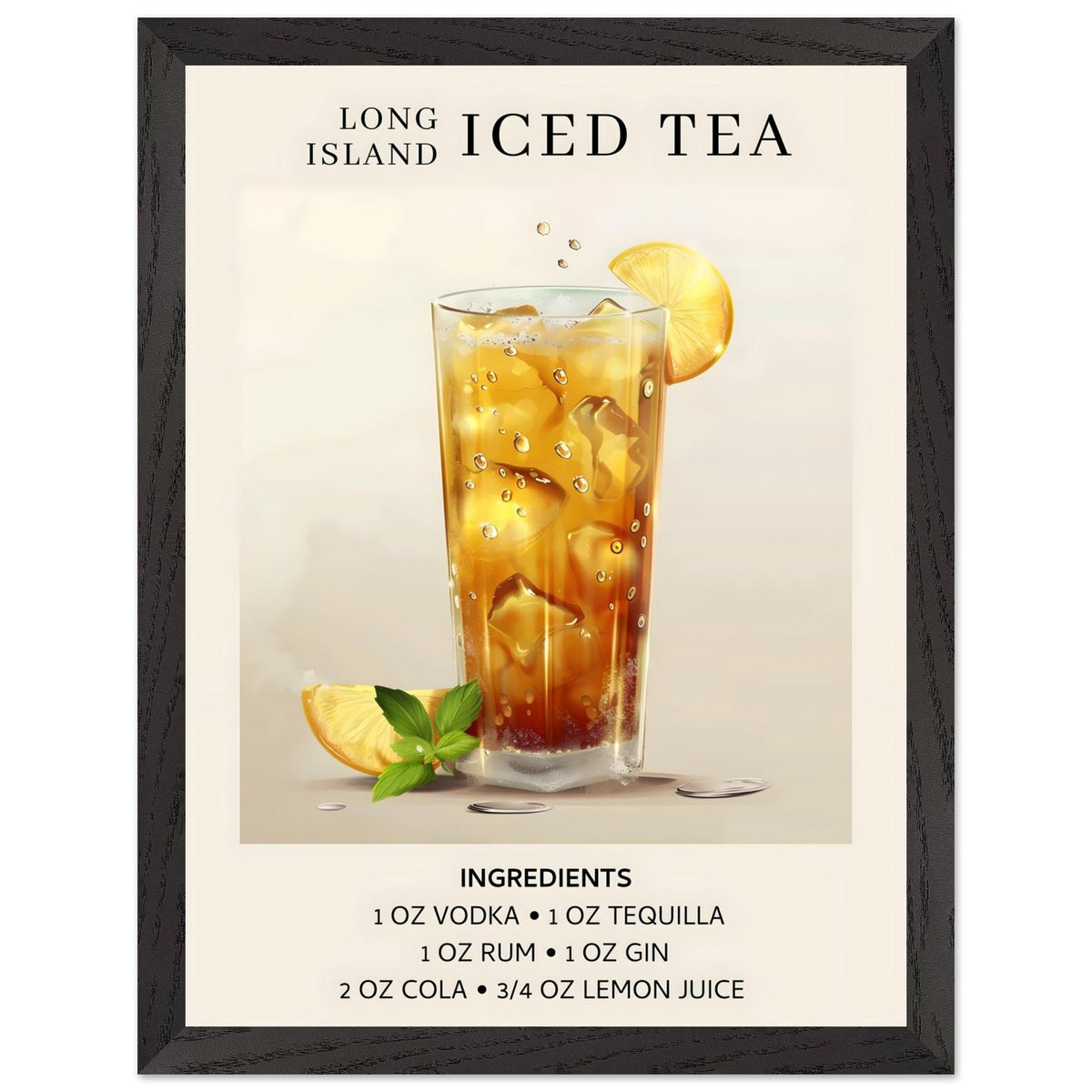 Artfulprints Poster met Lijst Long Island Iced Tea cocktail - Ingrediënten  - 30x40 cm - Grijs