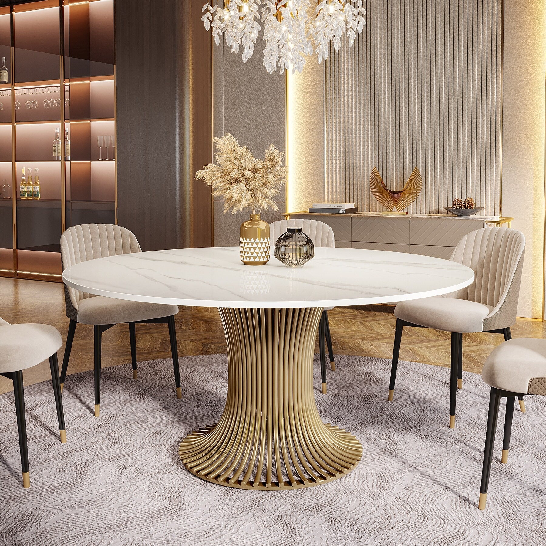59 Luxury Round Sintered Stone Dining Table with Gold Pedestal for 6-8 People - 59D*29H