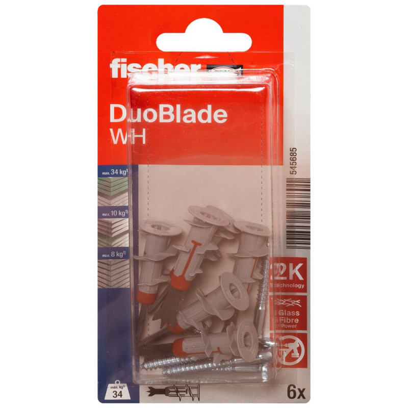 Cheville autoforeuse DuoBlade pour plaques de carton-plâtre avec crochet droit 6 pièces