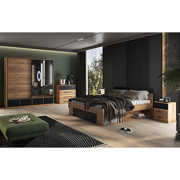 Lit adulte 160x200 avec tiroirs intégrés - Collection EOS. Coloris chene clair et noir.