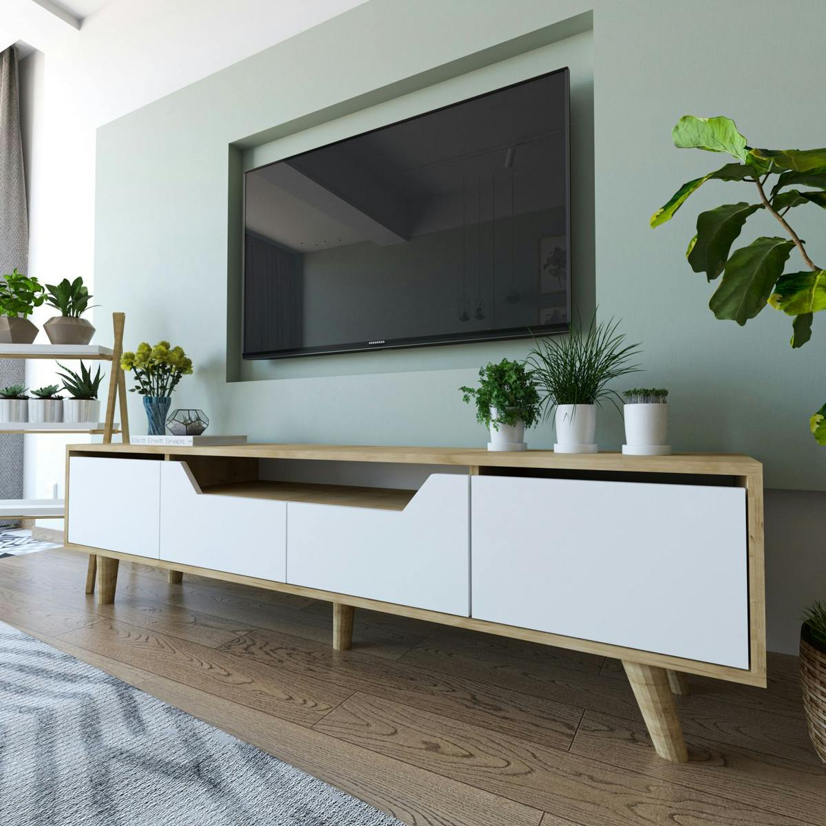 Long meuble TV 4 portes blanches et cadre clair 180 cm MARFA