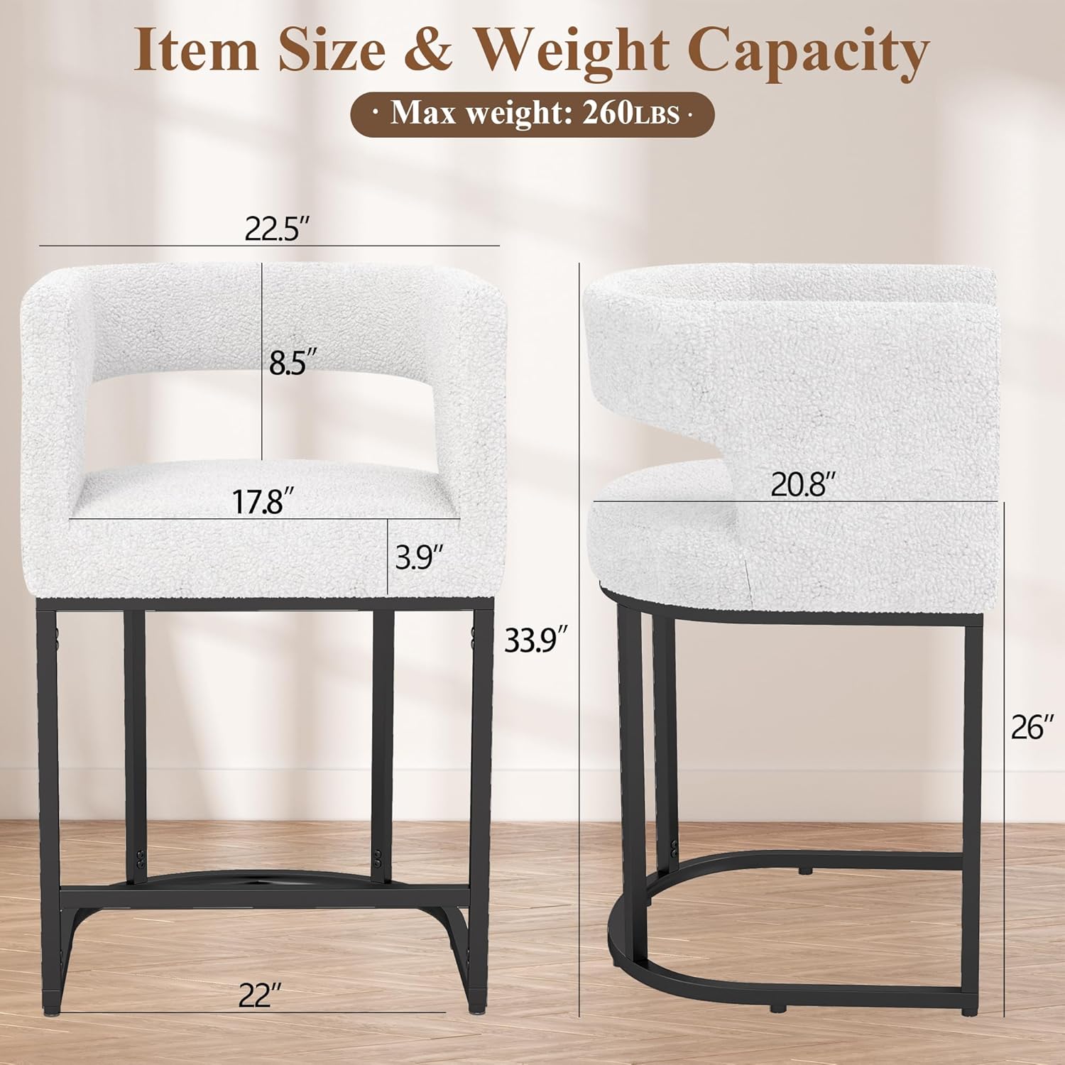 Westice Bar Stools Set of 3, 26” Seat Height Counter Height Stools with Curved Backrest, Barrel Sherpa Fabric Bar Chairs with Metal Frames, Upholstered Chairs for Kitchen Island, Pub, Club, Beige