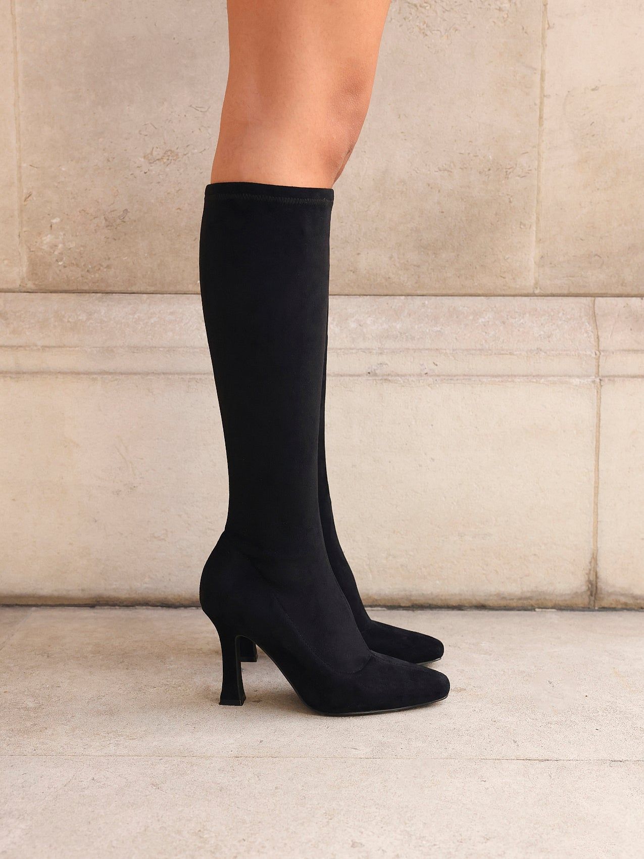 Linzi Gabrielle Black Suede Square Toe Knee High Heeled Boot
