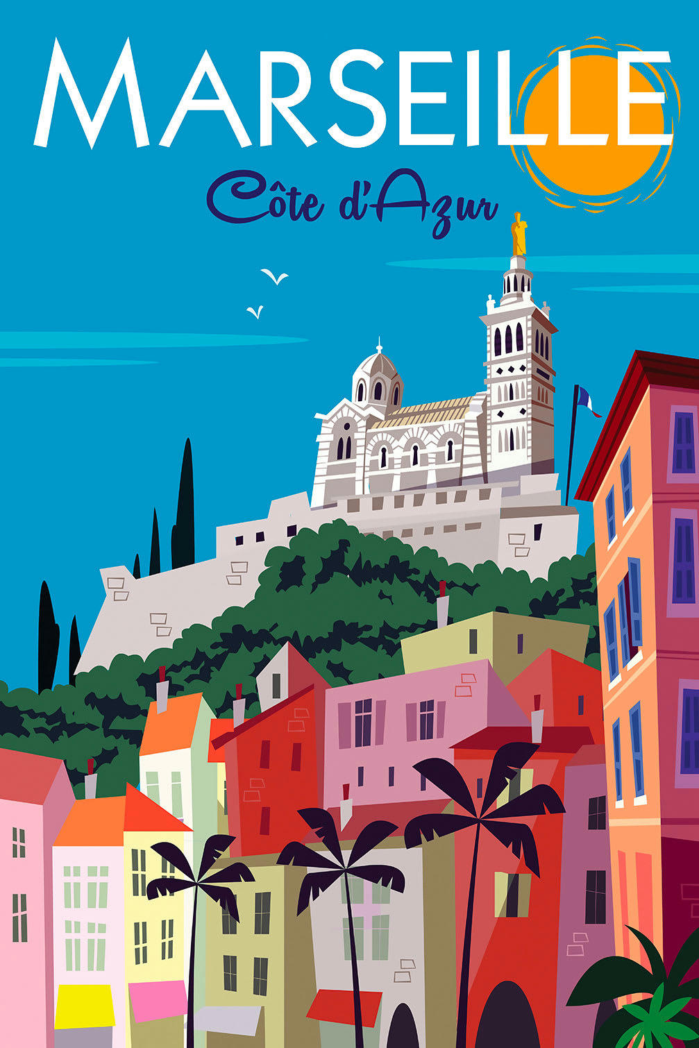 - Tableau dessin vintage marseille imprimé sur toile 30x45cm