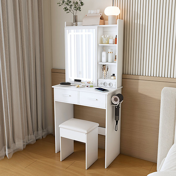 Coiffeuse avec Miroir LED et Tabouret étagère et 2 Tiroirs Blanc