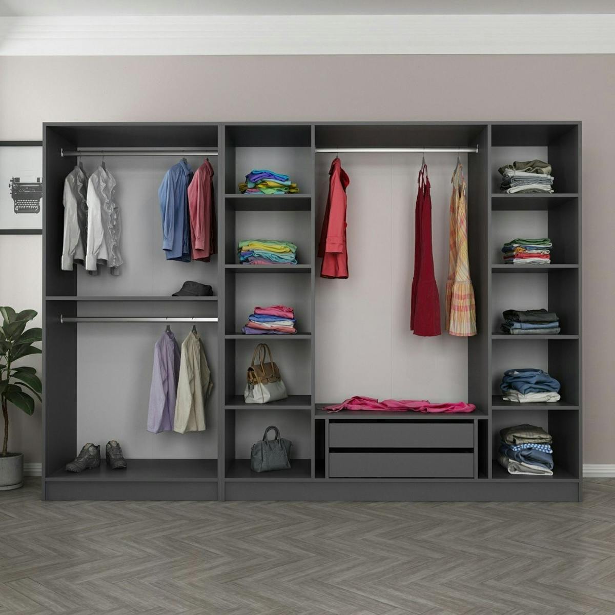 Armoire dressing ouvert anthracite, 3 portants BYRON