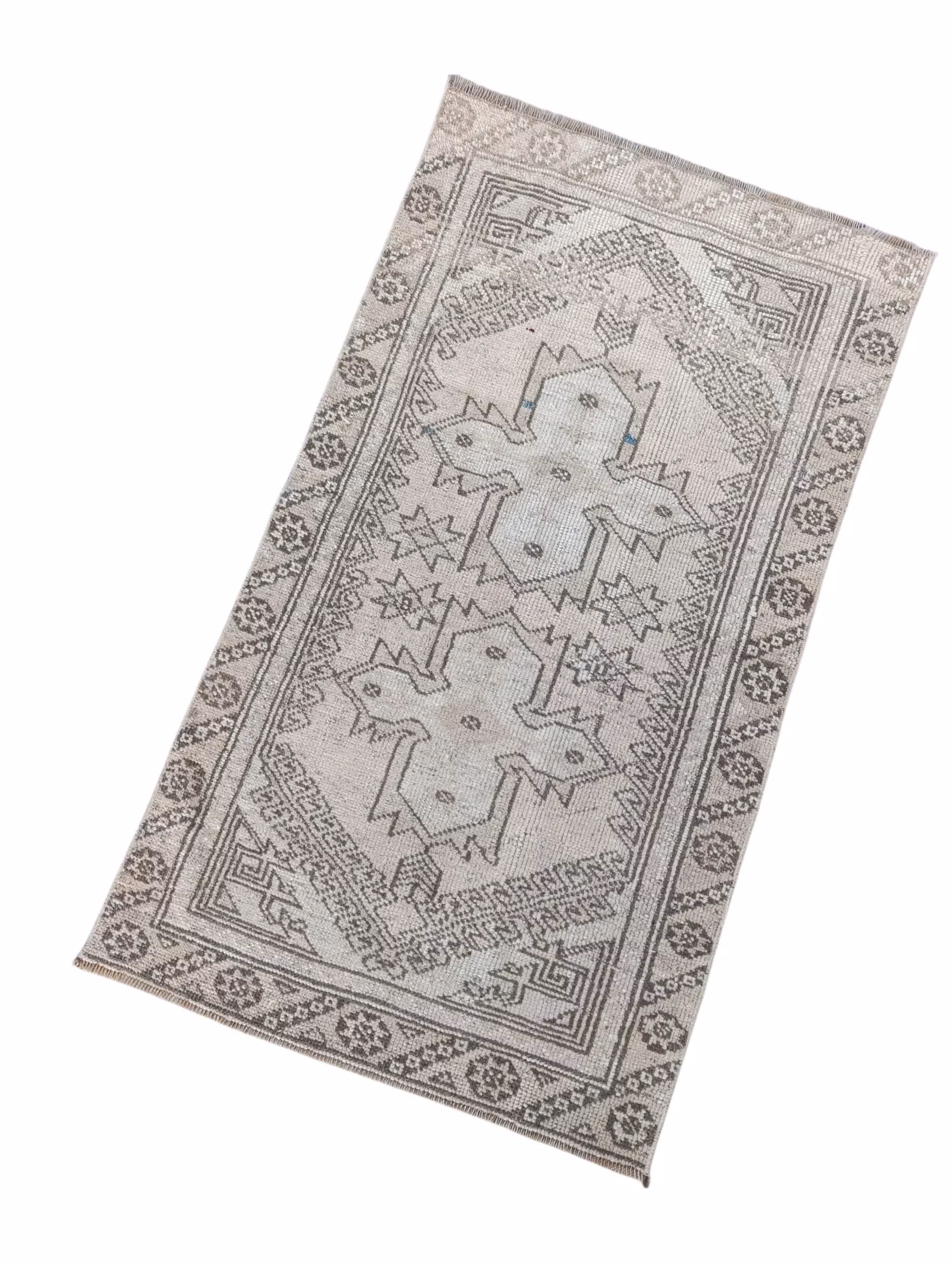 Vintage Turkish Rug 2.2x3.11 FT, Geometric Small Area Rug, Faded Neutral Anatolian Carpet