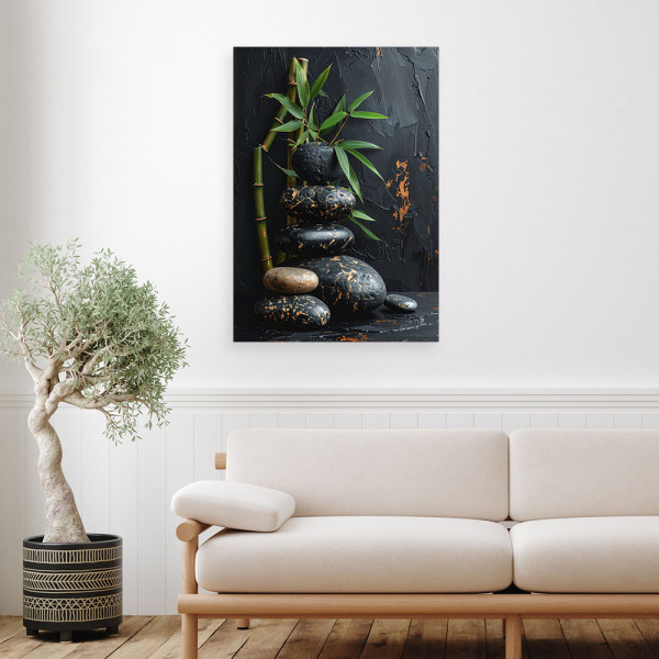 Obraz do salonu sypialni, Kamienie zen spa liście bambusa czarny 20x30