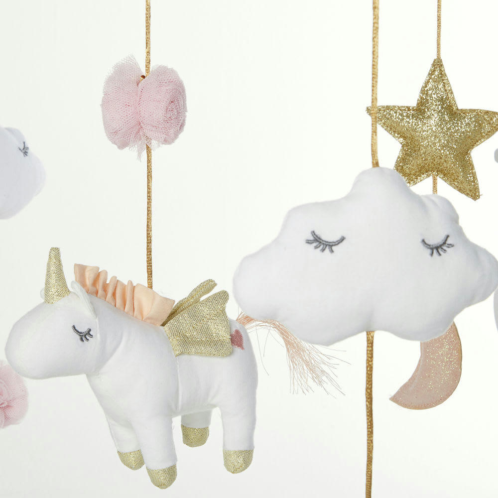 LICORNE - Mobile musical bébé en coton rose, blanc et doré