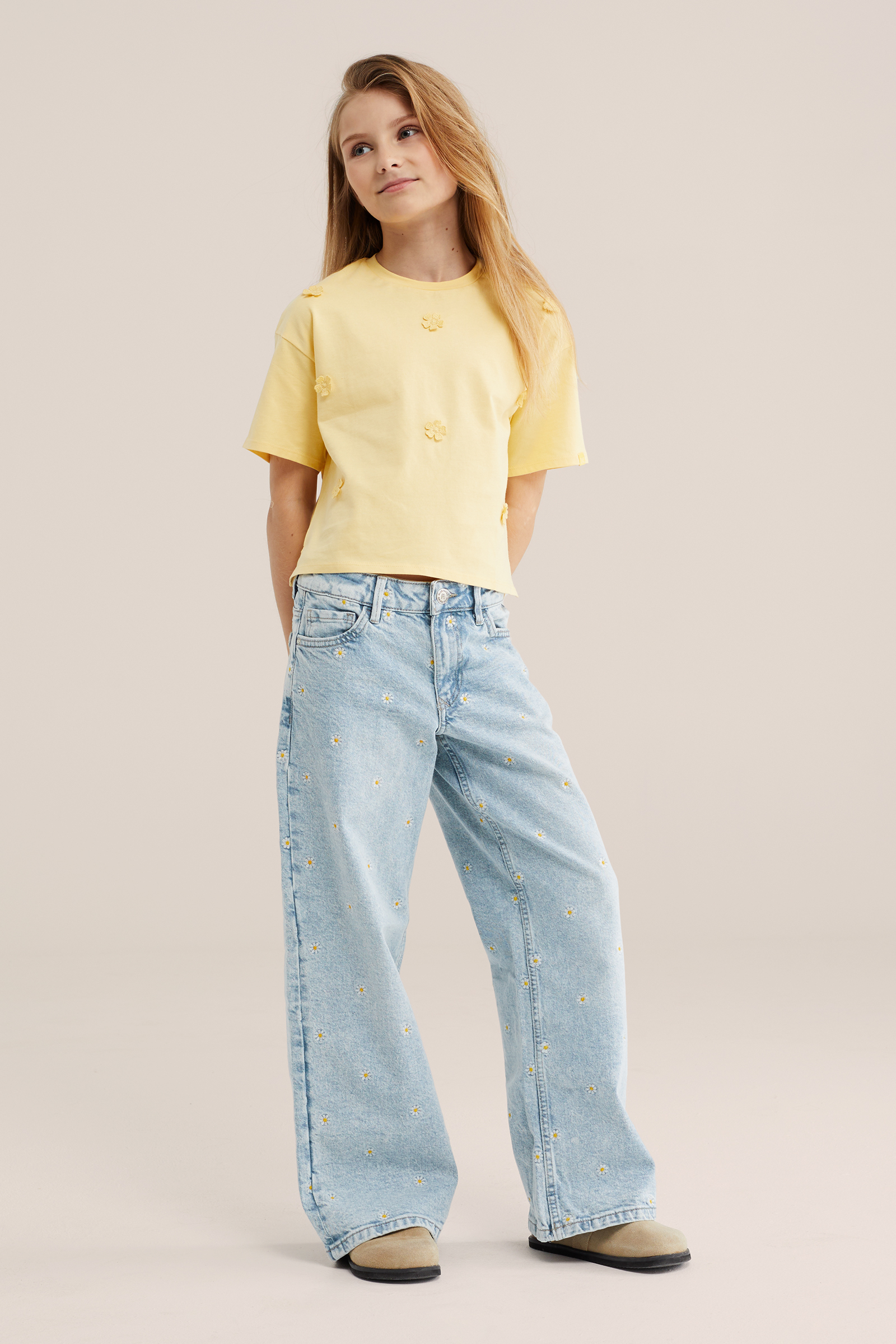 Meisjes wide leg jeans met bloemen embroideries