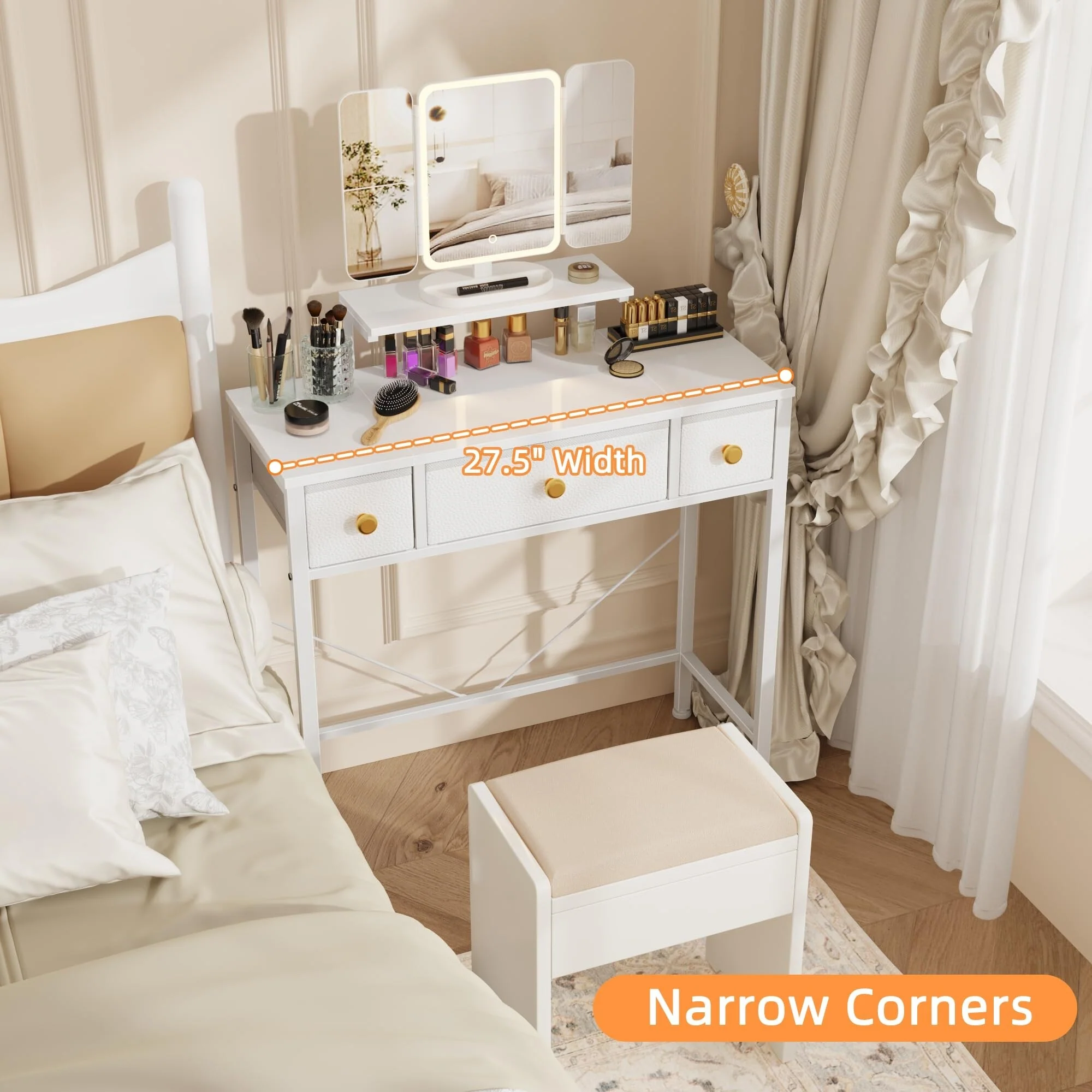 White Small Makeup Vanity Desk with Mirror Lights 3 Fabric Drawers Height Adjustable Stand for Girls Bedroom
