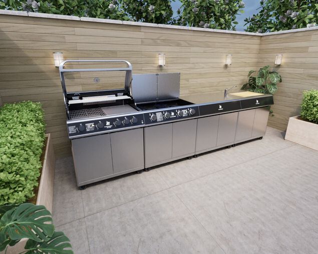 Beefmaster Deluxe 4 Burner Outdoor Kitchen with Range, Sink & Bench on Deluxe Carts