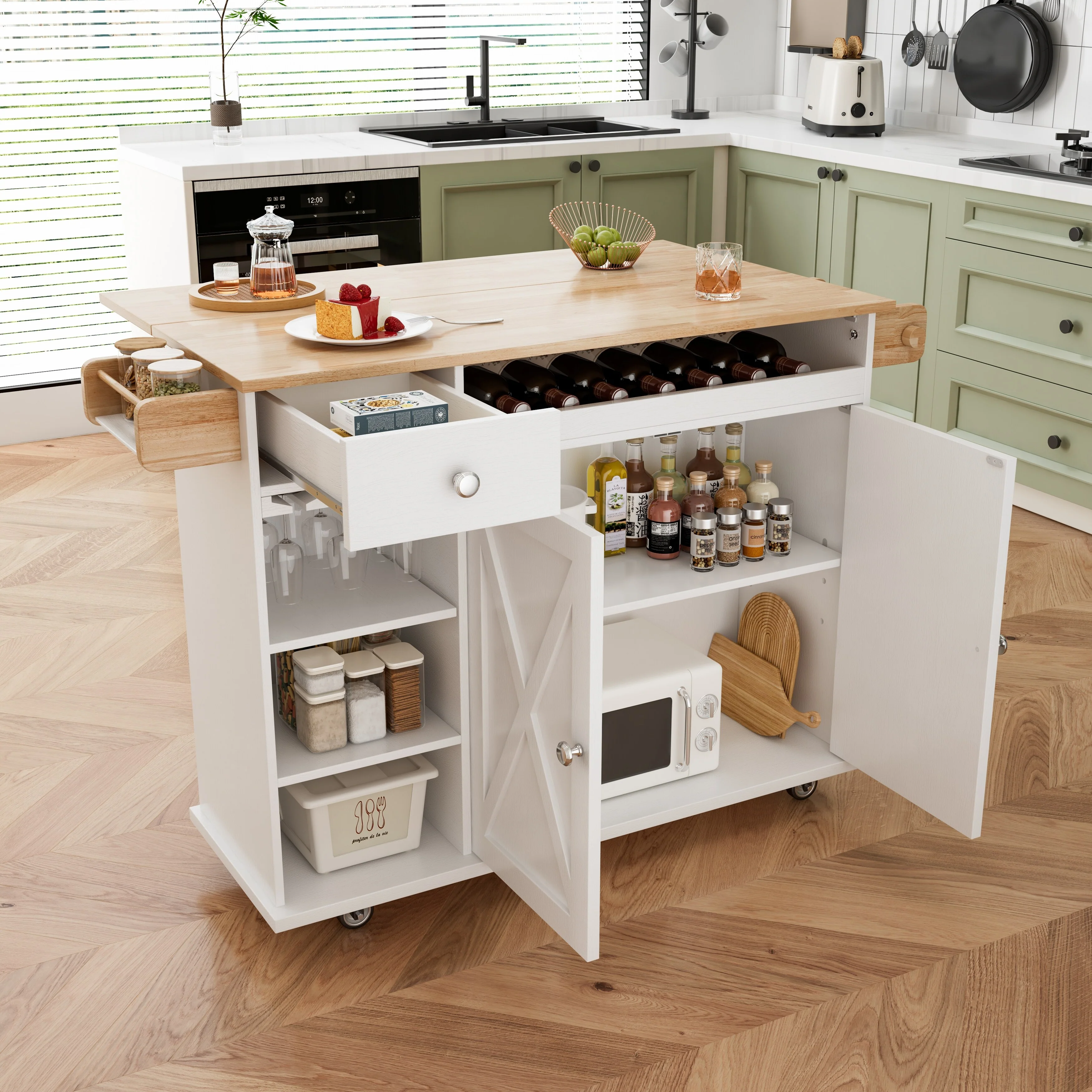 Kitchen Island with Solid Wood Top, Mobile Island Table on Lockable Wheels, Portable Island with Wine Rack & Adjustable Shelves