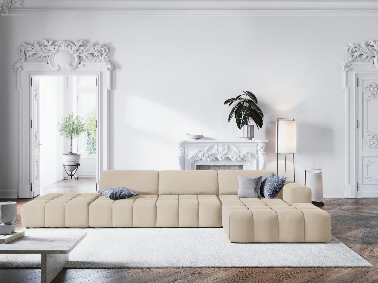 LUC - Canapé d'angle droit 5 places en tissu velours beige clair