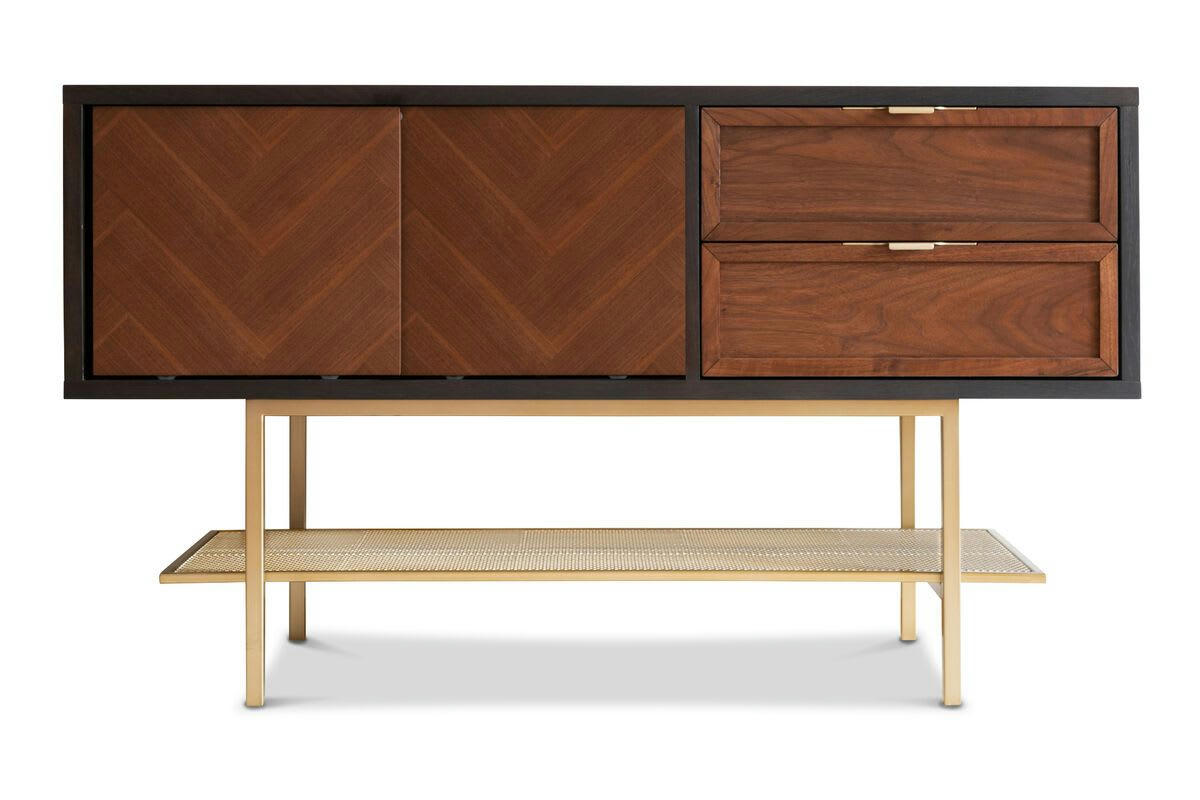 - Buffet en bois brun foncé avec portes coulissantes et 2 tiroirs